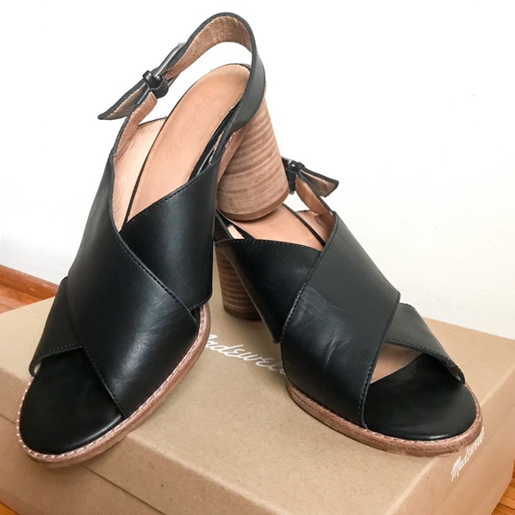 Madewell Black Leather Ruthie Crisscross Cylindrical Block Heel Peep Toe Pump 9 - Picture 3 of 11